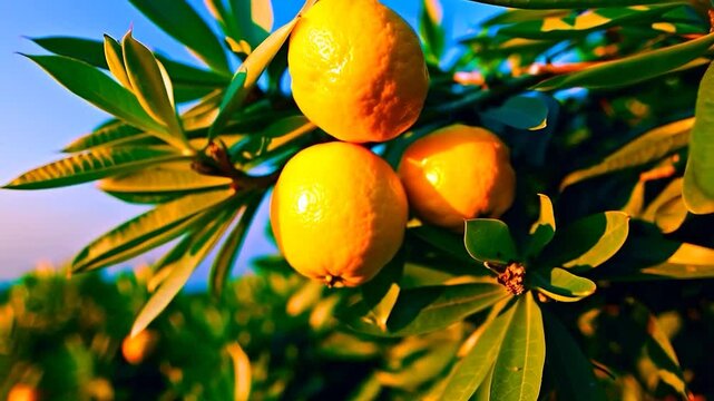 Three bright yellow fruits on branch