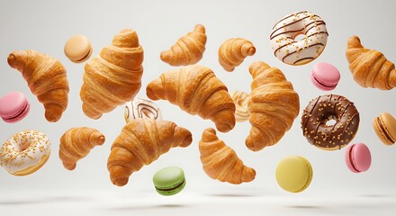 Freshly baked croissant and sweet pastries flying in air. Sweet dessert. Baked goods.
