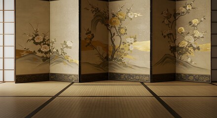 Stylized Japanese Tatami and Folding Screens – Elegant Designs Featuring Traditional Art Motifs, Delicate Patterns, and the Timeless Beauty of Historical Aesthetics