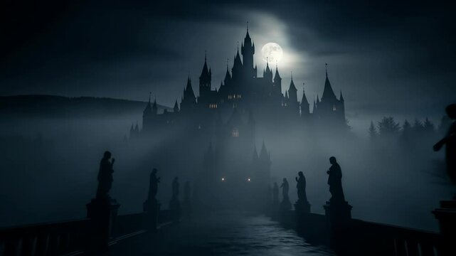 Full moon illuminating a castle covered in mist and fog at night with statues on a bridge. Scary, mysterious footage.