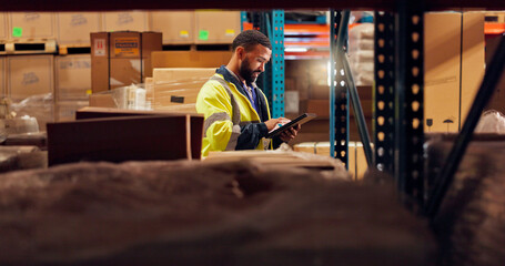 Naklejka na ściany i meble Tablet, logistics and reading with man in warehouse for quality control, supply chain and cargo. Shipping schedule, delivery and export with person for storage supervisor and digital inventory