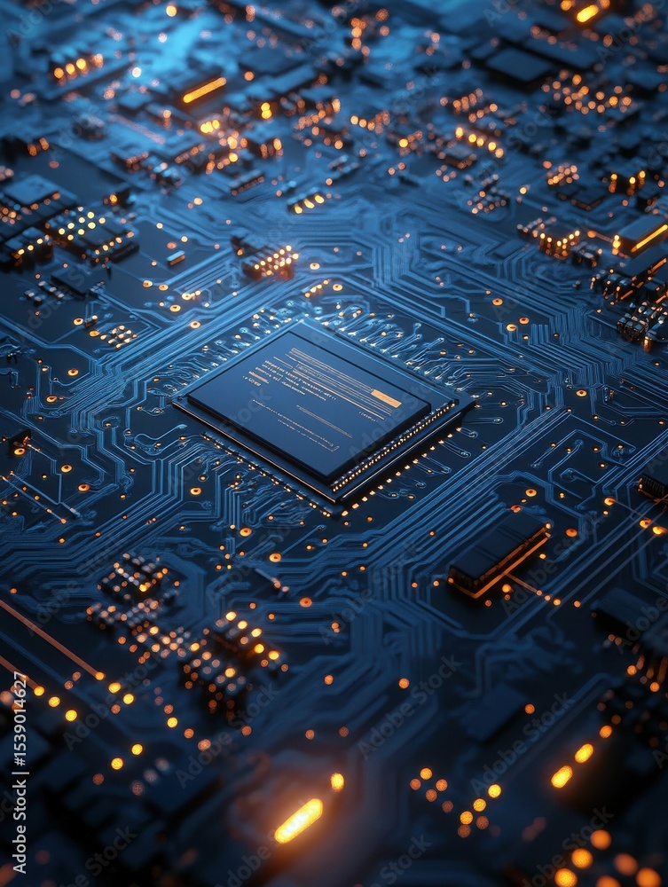 Poster close-up of a circuit board, showcasing intricate pathways and a central processor, symbolizing tech