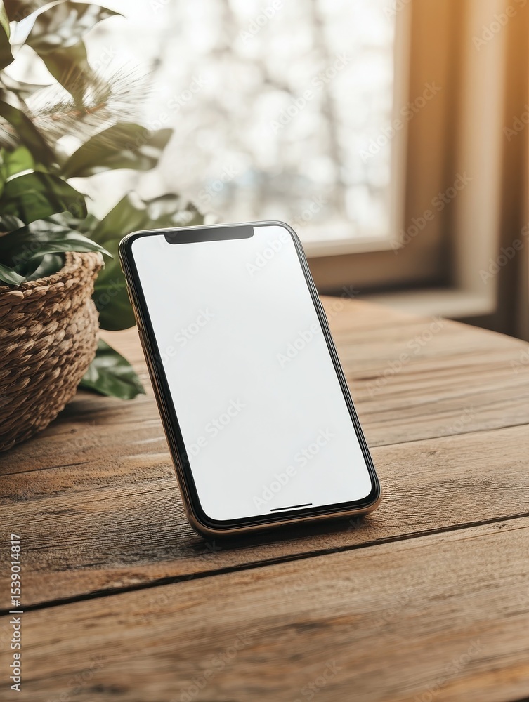 Poster blank smartphone screen mockup on table perfect for app design and website presentation
