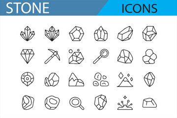Set of Vector Icons Featuring Stones, Crystals, and Mountains