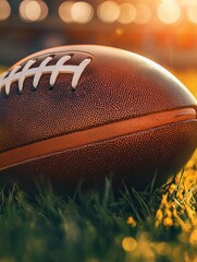 Obraz premium Close-up of an American football on a grassy field under stadium lights, with warm sunlight and a blurred background.