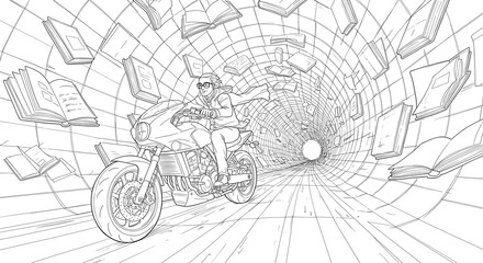 Obraz premium Motorcycle Ride Through a Tunnel of Books A Whimsical Line Art Illustration