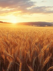 Obraz premium This image captures a golden wheat field bathed in the warm glow of sunset, showcasing a vast and serene scenic landscape with a distant horizon and rolling hills.