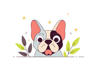 Cute French Bulldog Illustration with Leaves and Stars
