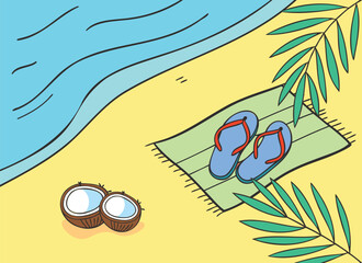 Tropical Beach Illustration with Flip Flops and Coconuts