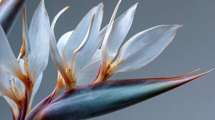 White Bird of Paradise: A close up studio photo bluish gray bract elegant bold sculptural.