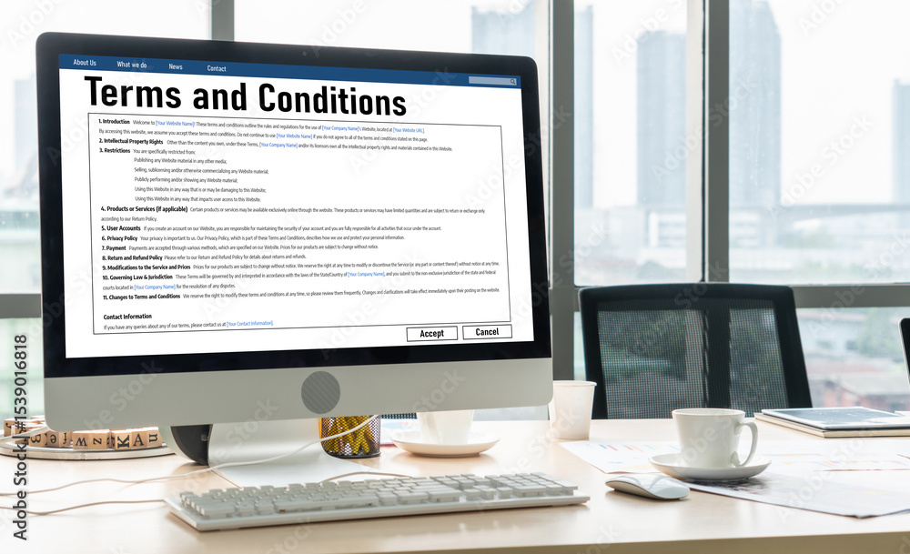 Poster digital legal contract provide terms and conditions document on computer screen ready for online dig