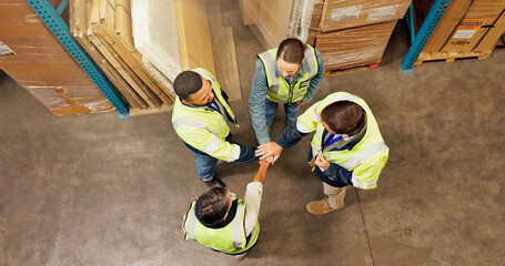 People, hands stack and team at warehouse for logistics, above or motivation for supply chain job....