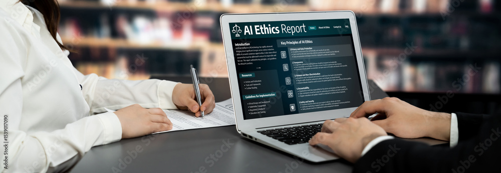 Poster ai ethics responsibility standard law and rules on computer screen provide report of ai ethic transp