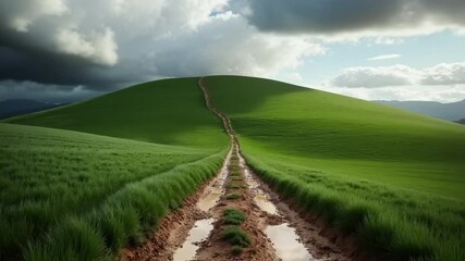 Muddy road up green hill under dark clouds