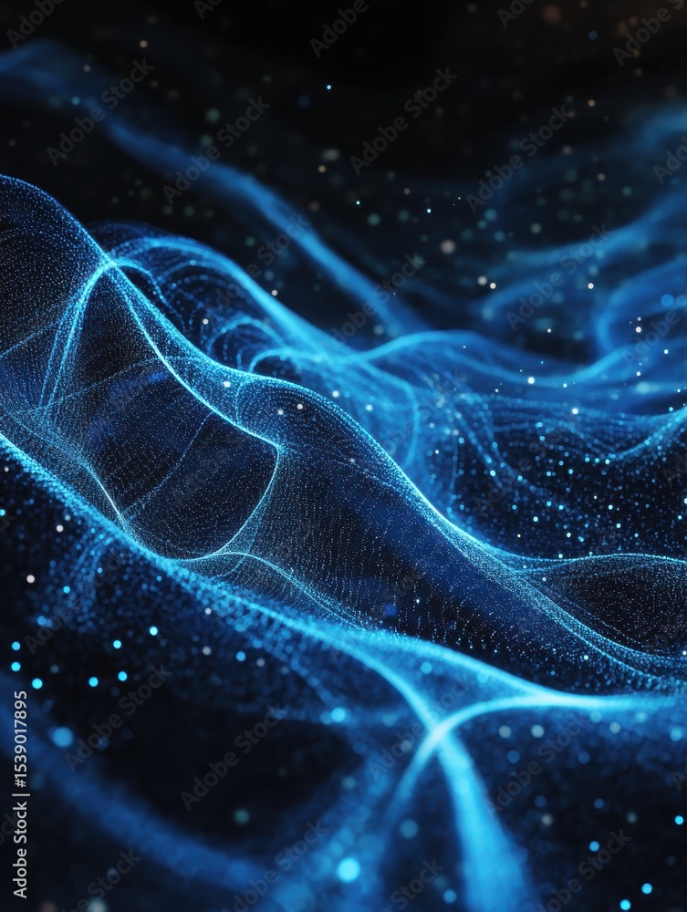 Poster abstract blue digital data streams and lines flowing in a dark space.