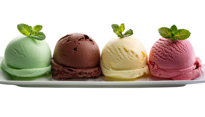 Delicious Ice Cream Scoops on a Plate with Fresh Mint Garnish in a Colorful Display on transparent background