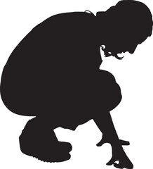 Vector; silhouette of a side view of a woman squatting searching or staring at something on the floor
