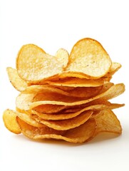 Crunchy potato chips stacked on a white background for snack lovers