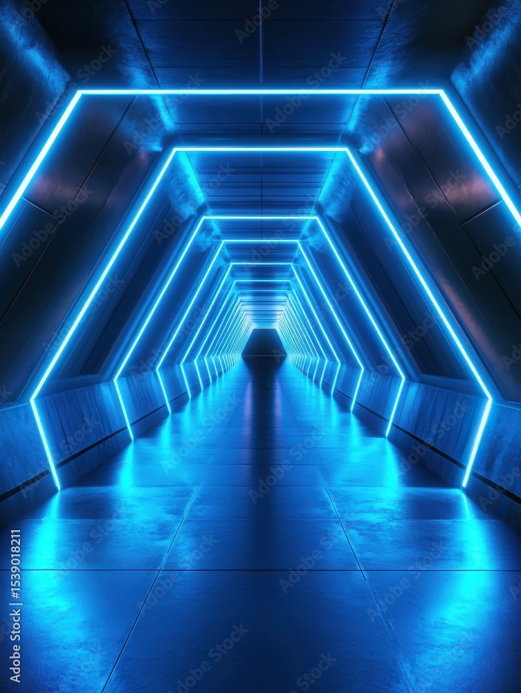 Poster abstract futuristic corridor with glowing neon lights creating a perspective view into infinity mode