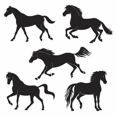 Five black silhouettes of horses in various poses