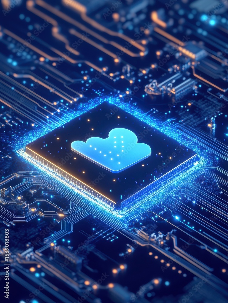 Poster mfa technology - multi-factor authentication chip on a futuristic blue circuit board, cloud computin