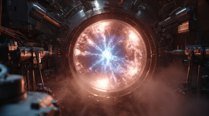 Obraz premium A large, glowing, red, and orange orb is seen through a large, circular opening. The image has a futuristic, otherworldly feel to it, with the glowing orb seeming to be a source of energy or light