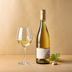 Elegant bottle of white wine with a filled glass, cork, and vine leaf on a beige background.