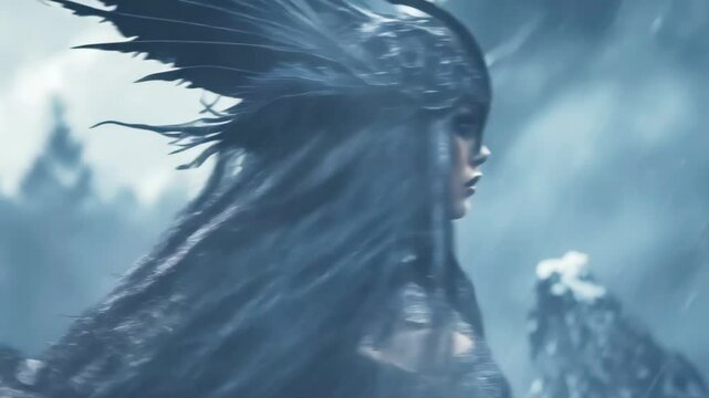 Majestic sorceress with glowing blue eyes and dark feather crown standing amidst a mystical landscape with fire, mountains, and flying creatures