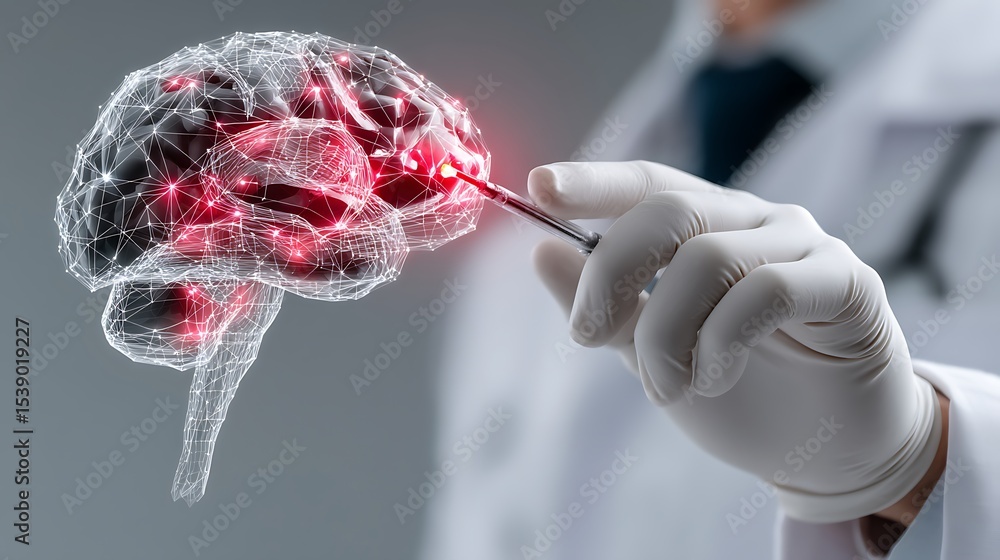 Poster doctor analyzing brain visualization with instrument, examining cognitive function and neural networ