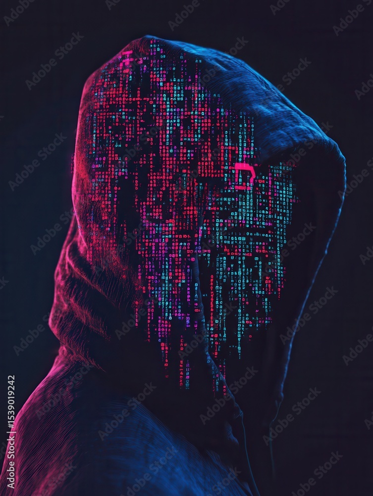 Poster cybersecurity concept iot attacks on foreground screen, hacker silhouette hidden with low poly style