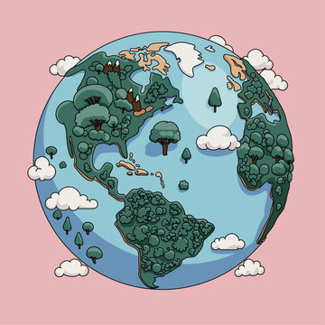Planet Earth World Globe with Clouds, Water, Mountains and Trees. 3d Style Minimalist Cute Vector Color Icon on Pink Background. Environmental Care for Natural Resources Concept