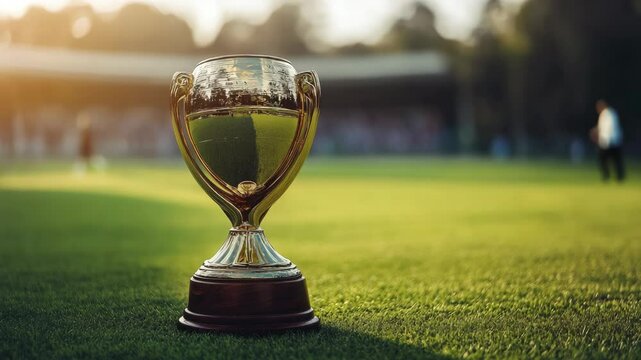 Golden cricket trophy shining under the warm sunset light on a stadium field, symbolizing triumph, victory, and excellence in sports, capturing the spirit of championship and competitive achievement