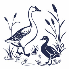 Elegant goose and duck silhouette in reeds