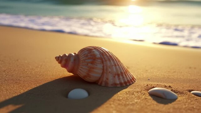 Sun-kissed seashells on a golden sandy beach, creating a serene coastal background with warm, inviting tones perfect for adding a touch of seaside tranquility