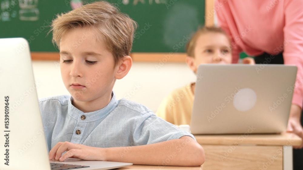 Poster caucasian boy working at laptop while diverse children programing software system. teacher and stude
