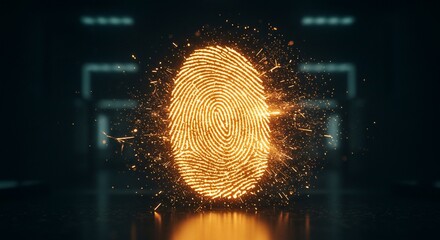 Glowing Fingerprint with Spark Effects on Dark Background, Digital Security Concept