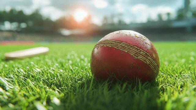 Close-up of red cricket ball resting on lush green grass in stadium under sunlight, showcasing detailed texture of ball and vibrant sports atmosphere, horizontal banner format with copy space