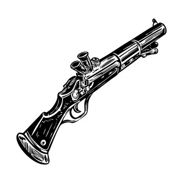 A vintage style illustration depicting a flintlock rifle