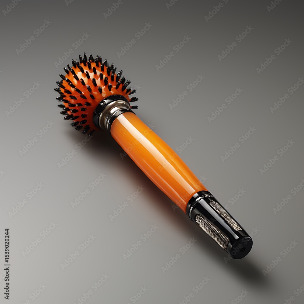 Aufkleber elegant orange and black object with spiked sphere and textured handle, presented on a gray backgrou