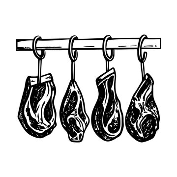 A vintage style illustration depicting meat hooks