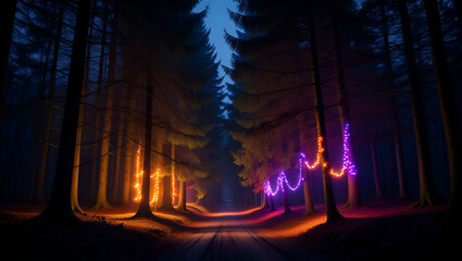 Obraz premium Dark Forest Path Illuminated by Colorful Fairy Lights at Night Orange and Purple String Lights Adorn Trees Winter Scene Full H D 4 K Image Photo Picture Stock New Latest