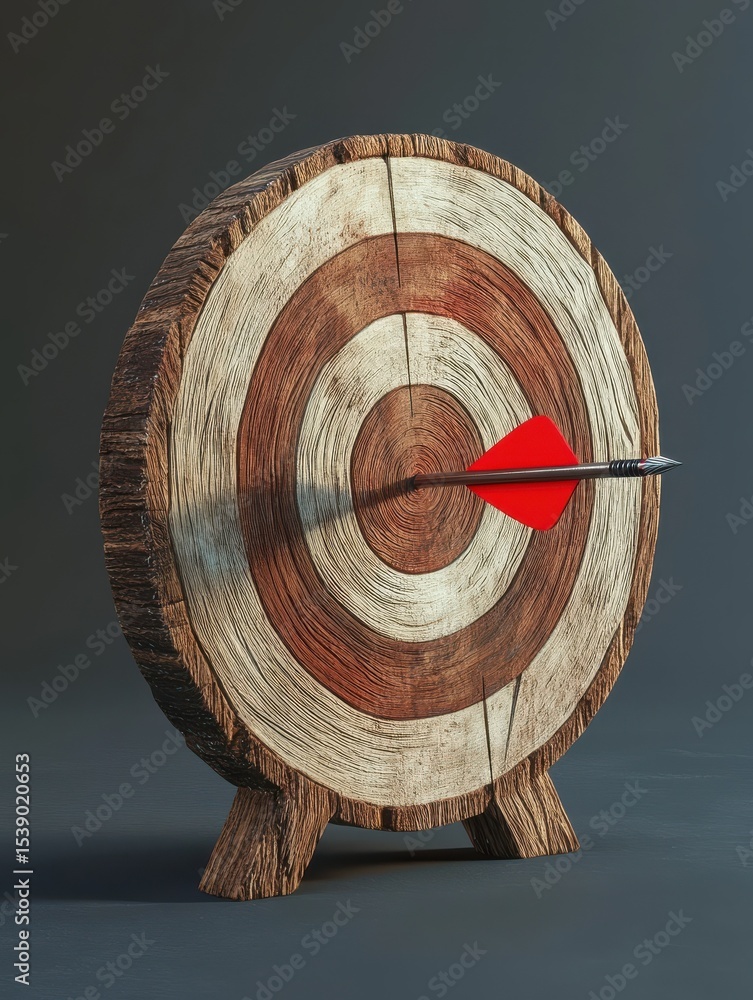 Poster elegant wooden archery target with a vivid red dart showing the essence of skill in marksmanship : g