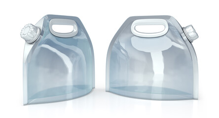 Camping water bag mockup. Clear plastic soft flask with handle design. 3d illustration on white background