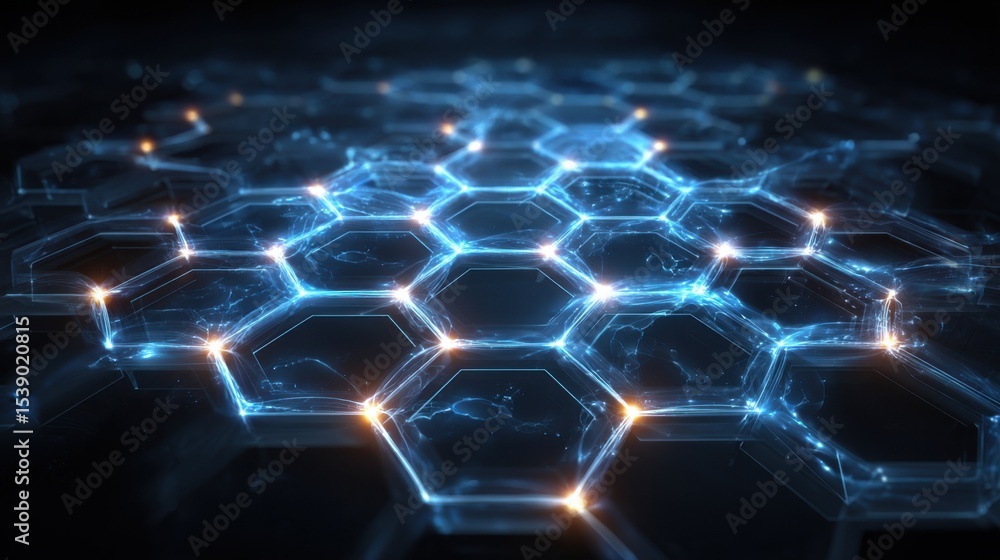 Poster a close up of a hexagonal pattern with a blue background. the pattern is illuminated with a mix of b