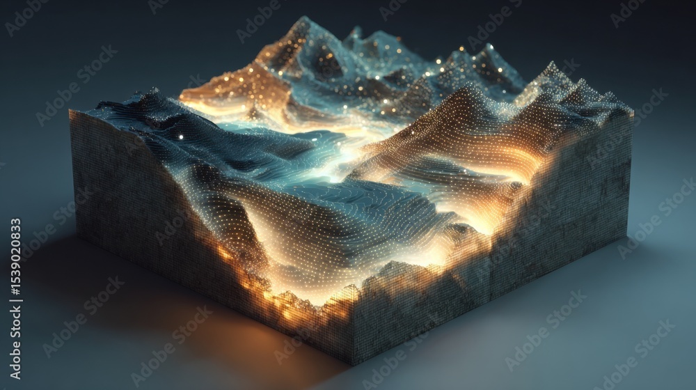 Wall mural a computer generated image of a mountain range with a blue sky and a yellowish glow. the mountains a