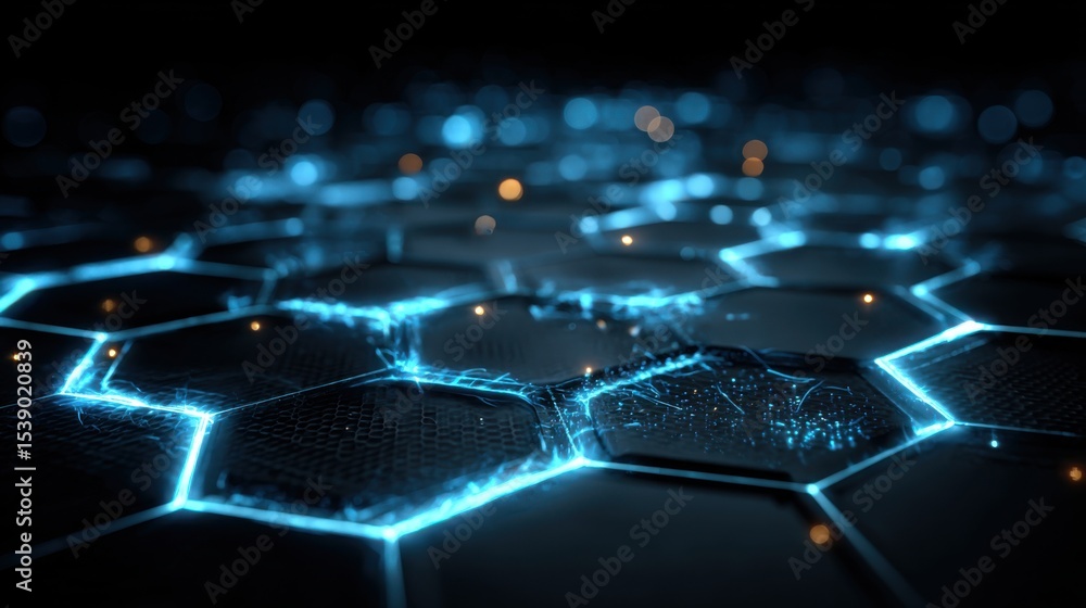Poster a close up of a blue and black hexagonal pattern with a blue glow. the pattern is made up of small s