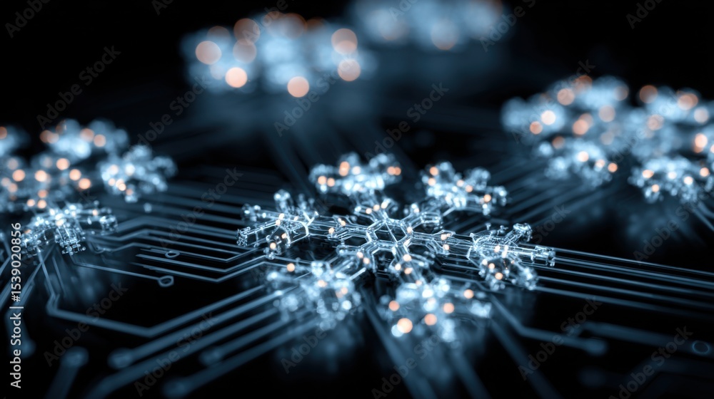 Poster a close up of a snowflake on a circuit board. the snowflake is surrounded by a blue background and i