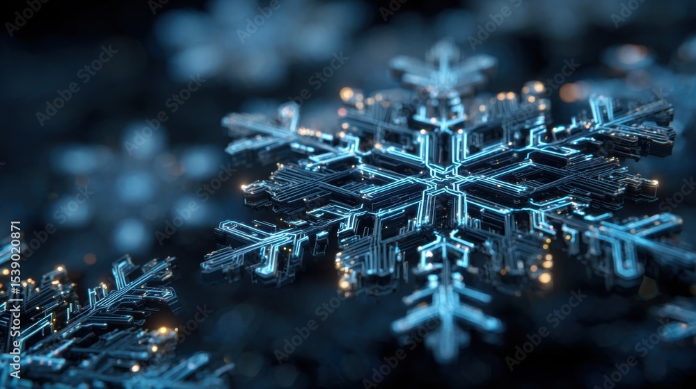 Poster a snowflake with a blue hue and a metallic appearance. the snowflake is surrounded by other snowflak