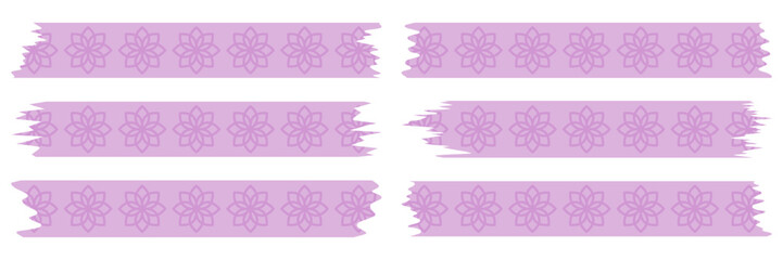 Set of pink washi tapes with pattern isolated on white. Tapes collection in vector. Pieces of decorative tape for scrapbooks. Torn paper. Spring, summer, purple