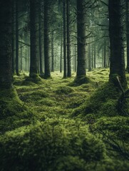 Obraz premium enchanting scandinavian forest landscape with ancient pine trees covered in thick green moss, mystical nordic wilderness photography